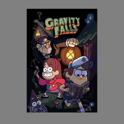 Wiktoria Szelka - Ilustracja cyfrowa przedstawiająca postacie z kreskówki Gravity Falls: Stan Pines trzymający latarnię, Mabel z pistoletem na liny, Dipper czytający księgę oraz gnom w fioletowym kapeluszu, na tle...