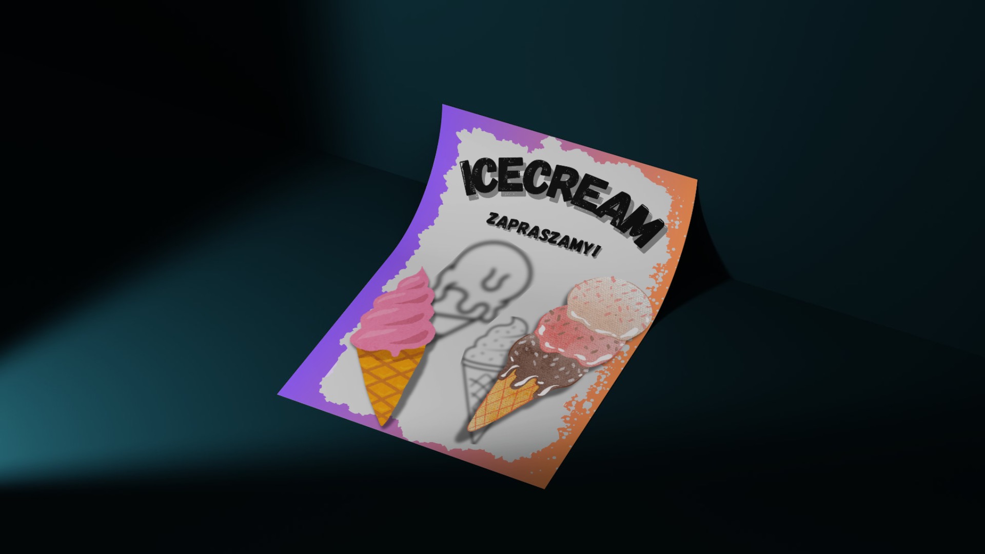 Plakat reklamowy lodów z napisem 'Icecream Zapraszamy!', przedstawiający kolorowe grafiki lodów w wafelkach na białym tle z fioletowo-pomarańczową obwódką, umieszczony pod kątem na ciemnym, gładkim...