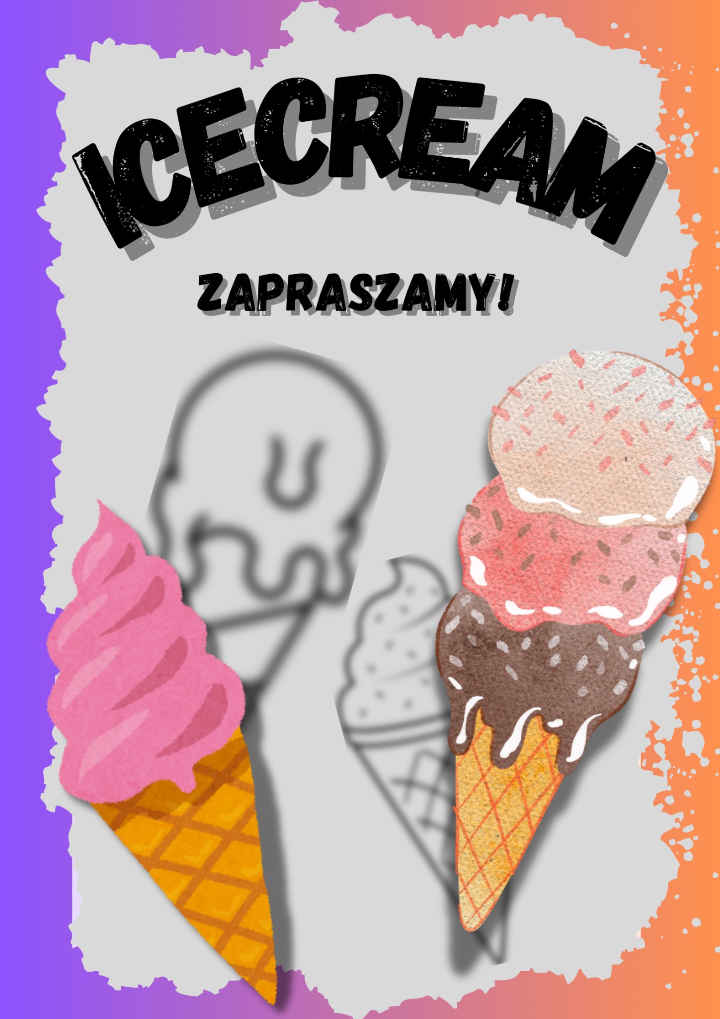 Ilustracja zapraszająca na lody, z realistycznym, trójkolorowym lodem w wafelku obok szkicowych konturów lodów i napisem 'ICECREAM ZAPRASZAMY!' na abstrakcyjnym tle.