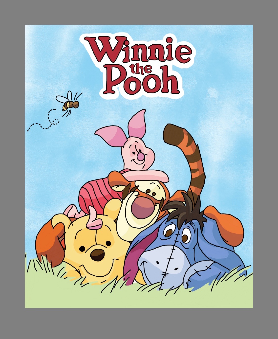 Ilustracja postaci z bajki Kubuś Puchatek: Puchatek, Prosiaczek, Tygrysek i Kłapouchy, z latającą pszczołą na tle błękitnego nieba.