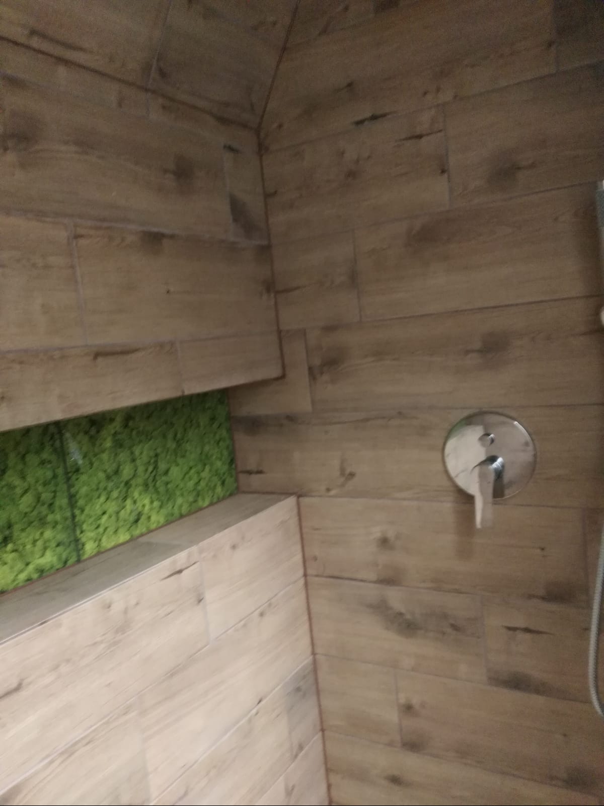 Wykończona kabina prysznicowa z płytkami imitującymi drewno, z wnęką wypełnioną dekoracyjną zielenią i chromowaną armaturą.