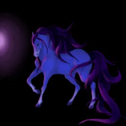 Digital painting of a rearing blue horse with flowing purple mane and tail against a black background with a purple light source.