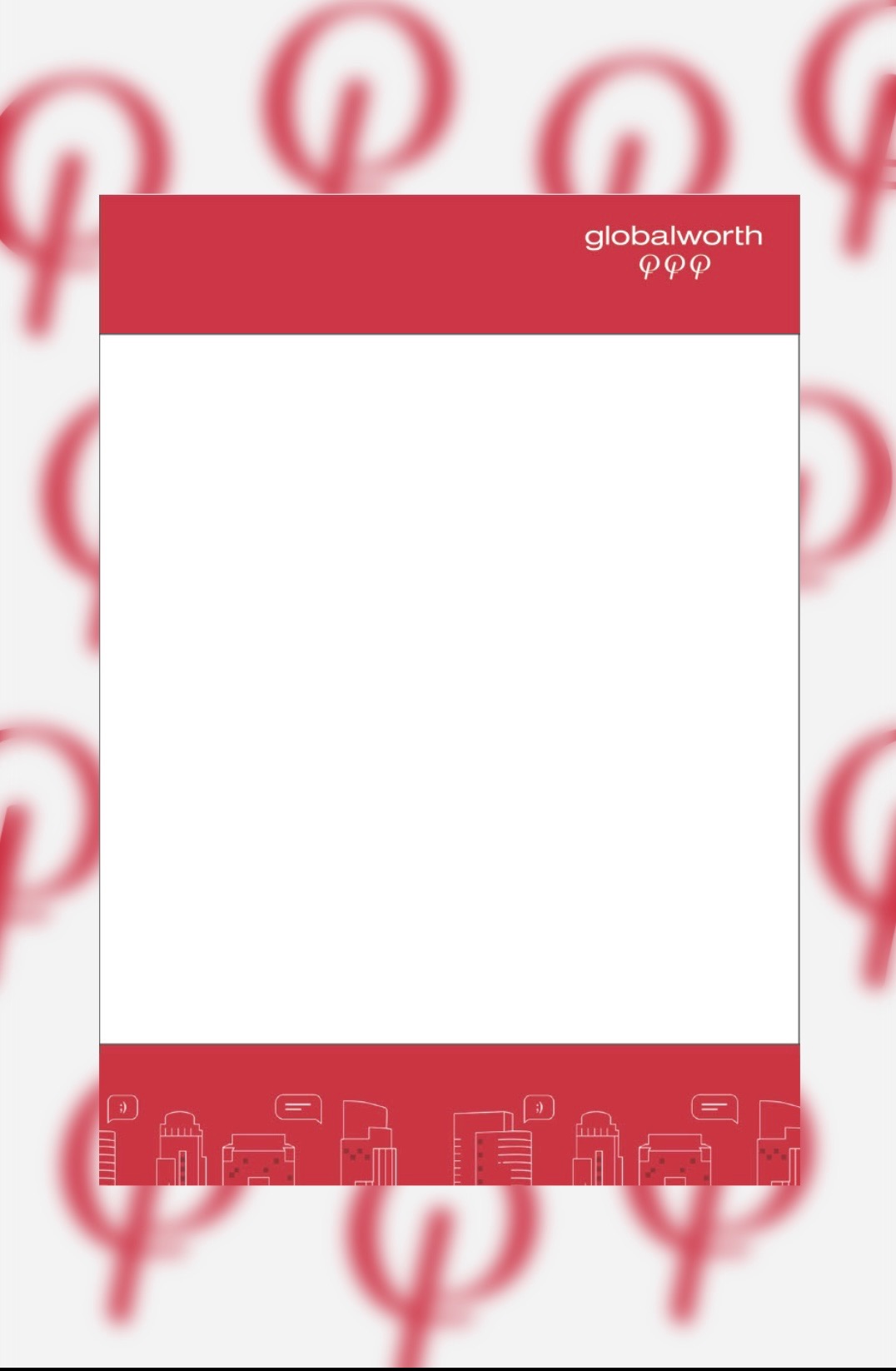 Wizytówka z motywem miejskim, czerwona góra z nazwą firmy 'globalworth', a dół z ikonami budynków na białym tle.