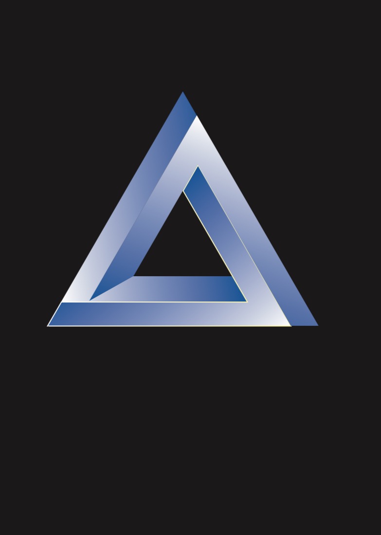 Niemożliwy trójkąt Penrose'a w odcieniach błękitu i srebra na czarnym tle, iluzja optyczna, grafika wektorowa.