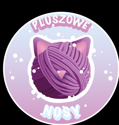 Ilustracja logo firmy 'Pluszowe Nosy' przedstawiająca fioletową włóczkę uformowaną w kształt głowy kota na tle pastelowego okręgu.
