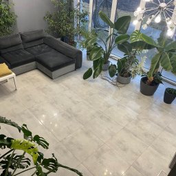 Patrycja Sutryk Czysty Kącik - Wysoki kąt widzenia na salon z szarym narożnikiem, żółtą poduszką na białym stoliku i licznymi roślinami doniczkowymi w szarych i terakotowych donicach, oświetlony nowoczesnym żyrandolem...