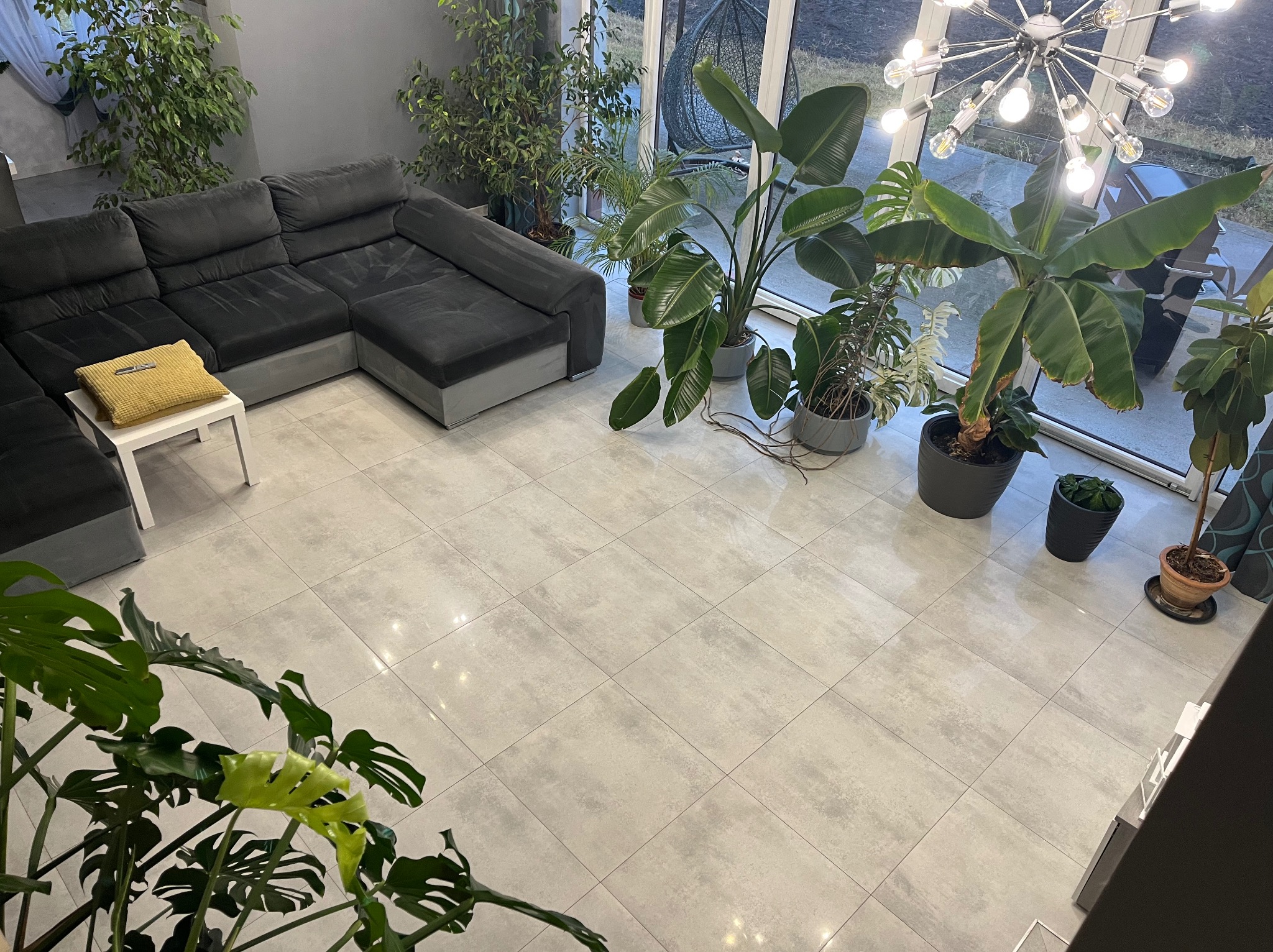 Wysoki kąt widzenia na salon z szarym narożnikiem, żółtą poduszką na białym stoliku i licznymi roślinami doniczkowymi w szarych i terakotowych donicach, oświetlony nowoczesnym żyrandolem...