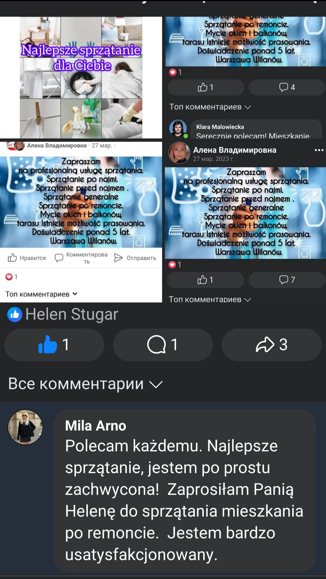 Post z ofertą sprzątania: kolaż zdjęć z czystymi wnętrzami, praniem i środkami czystości. Tekst zaprasza na profesjonalne sprzątanie, mycie okien i prasowanie.