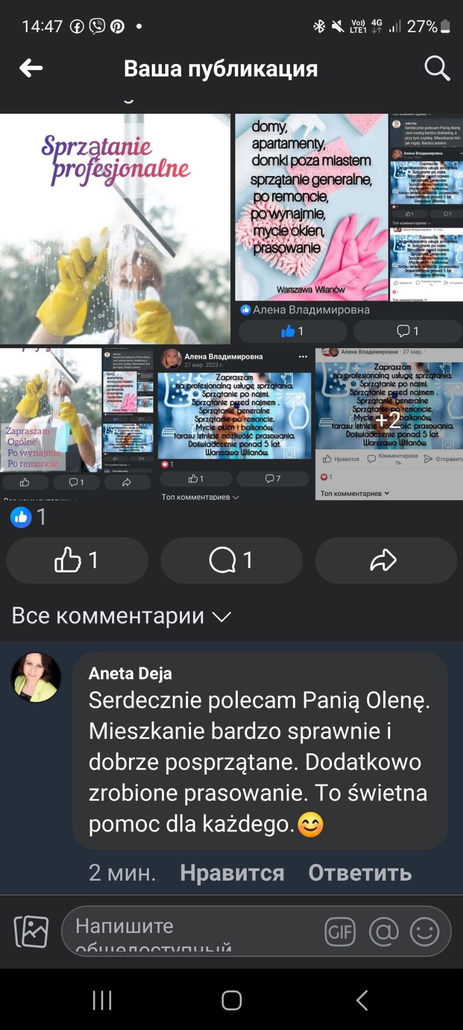 Post z Facebooka oferujący sprzątanie: mycie okien w żółtych rękawicach, oferty sprzątania po remoncie, generalnego, po wynajmie, prasowanie. Warszawa Wilanów.