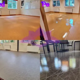 Porównanie stanu podłogi w sali lekcyjnej przed i po zabiegu czyszczenia i polerowania; widoczne różnice w połysku i czystości powierzchni.