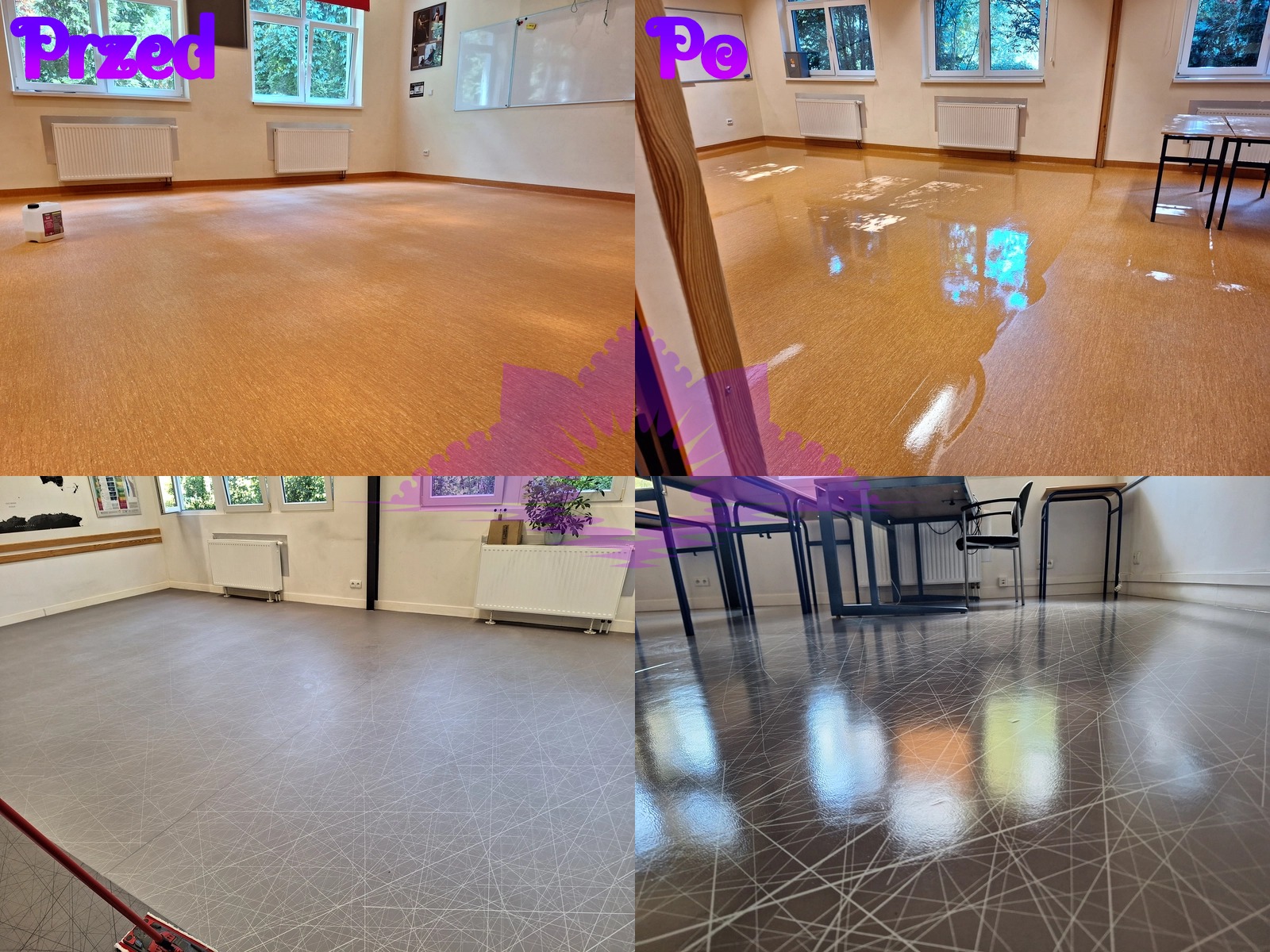 Porównanie stanu podłogi w sali lekcyjnej przed i po zabiegu czyszczenia i polerowania; widoczne różnice w połysku i czystości powierzchni.