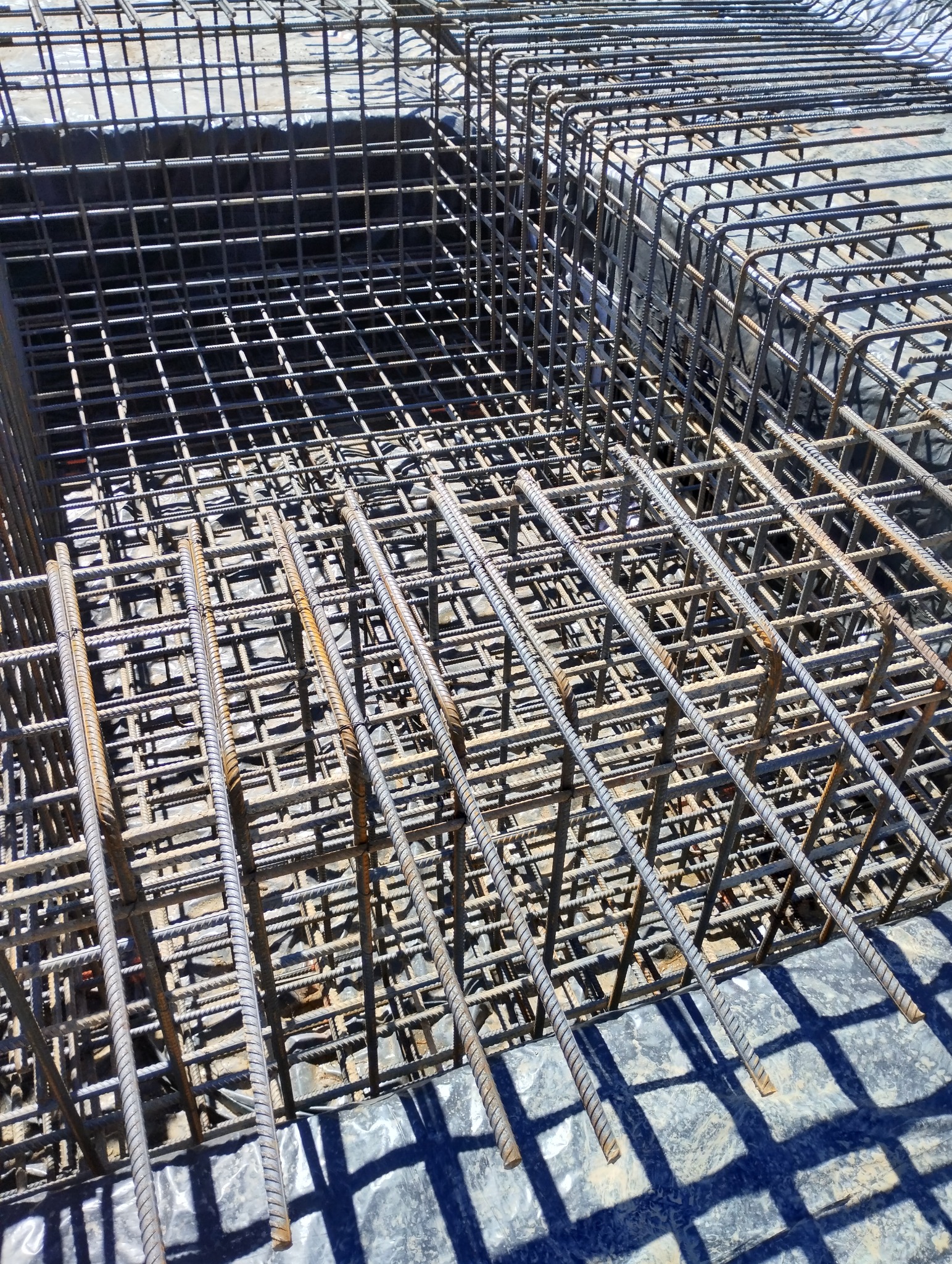 Zbrojenie stalowe w wykopie fundamentowym, przygotowane do zalania betonem, widoczne pręty pionowe i poziome tworzące siatkę, folia izolacyjna pod spodem.