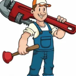 Karykatura uśmiechniętego hydraulika w niebieskim kombinezonie, z czerwoną żabką na ramieniu i gumowym przepychaczem w ręku.