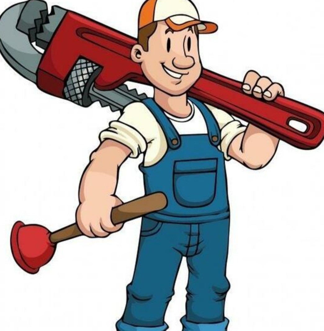 Karykatura uśmiechniętego hydraulika w niebieskim kombinezonie, z czerwoną żabką na ramieniu i gumowym przepychaczem w ręku.