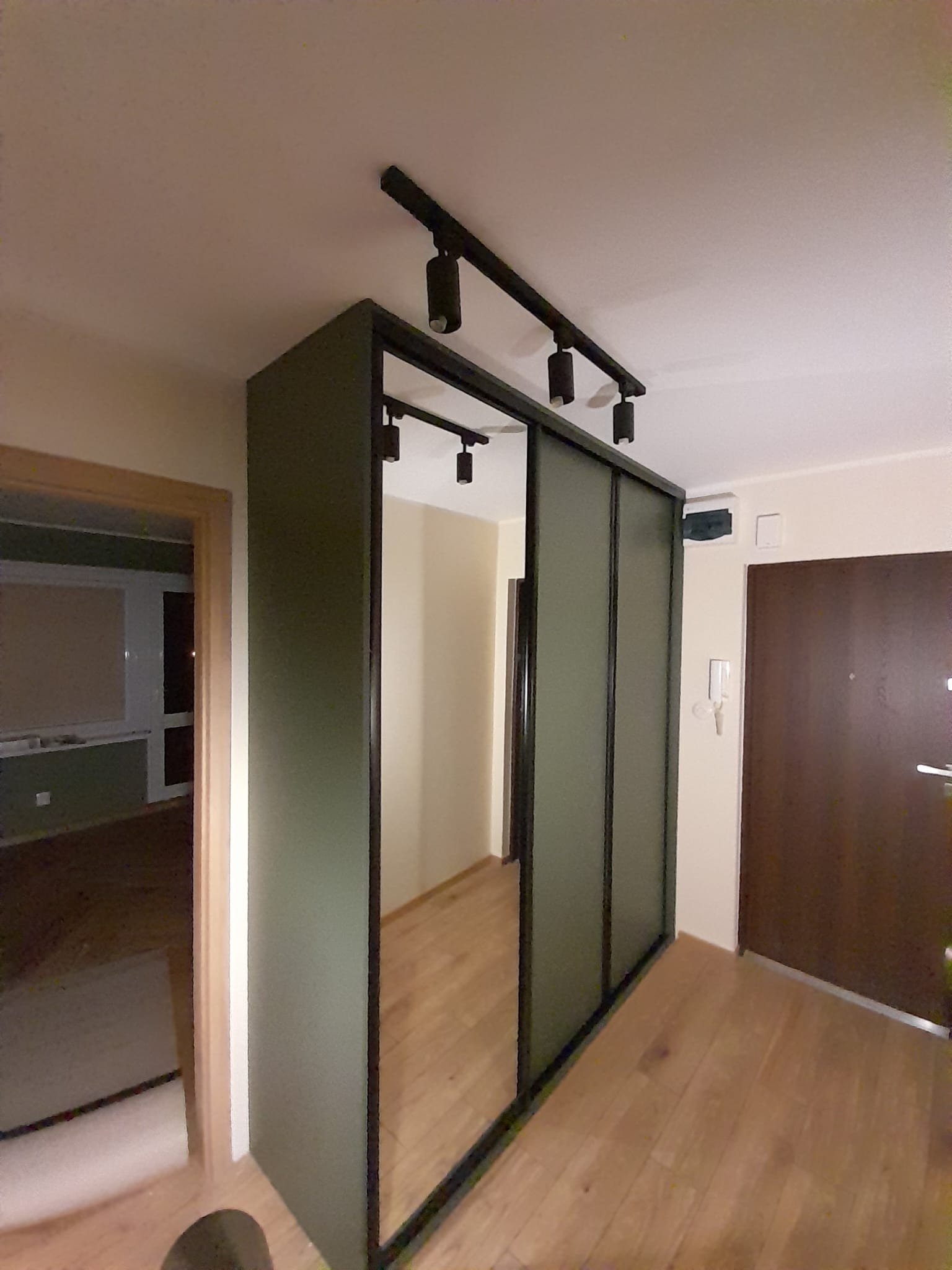 Trzydrzwiowa szafa przesuwna z lustrzanymi frontami i zielonym korpusem, oświetlona reflektorami na szynie, umieszczona w przedpokoju z drewnianą podłogą i widokiem na inne pomieszczenia.