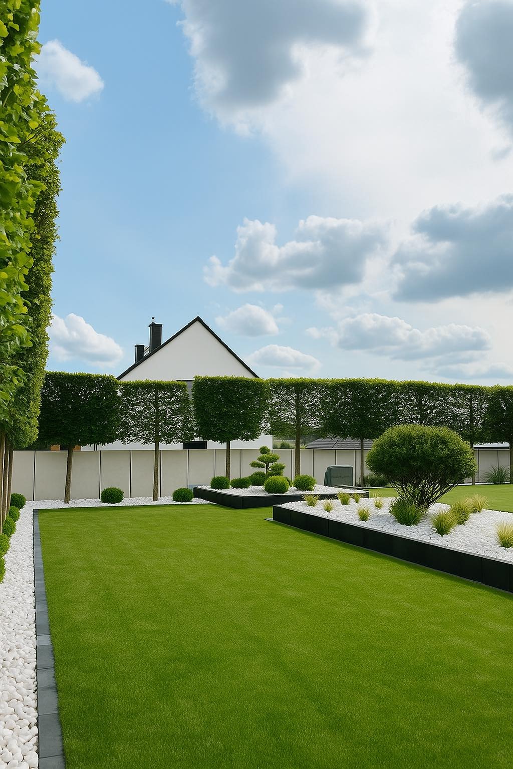 Nowoczesny ogród z równo przystrzyżonym trawnikiem i geometrycznie ukształtowanymi drzewami, białymi kamykami i eleganckimi rabatami na tle białego domu.