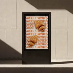 Billboard z reklamą croissant&oacute;w i napisem 'Sweet Cravings' na tle beżowej ściany w cieniu.