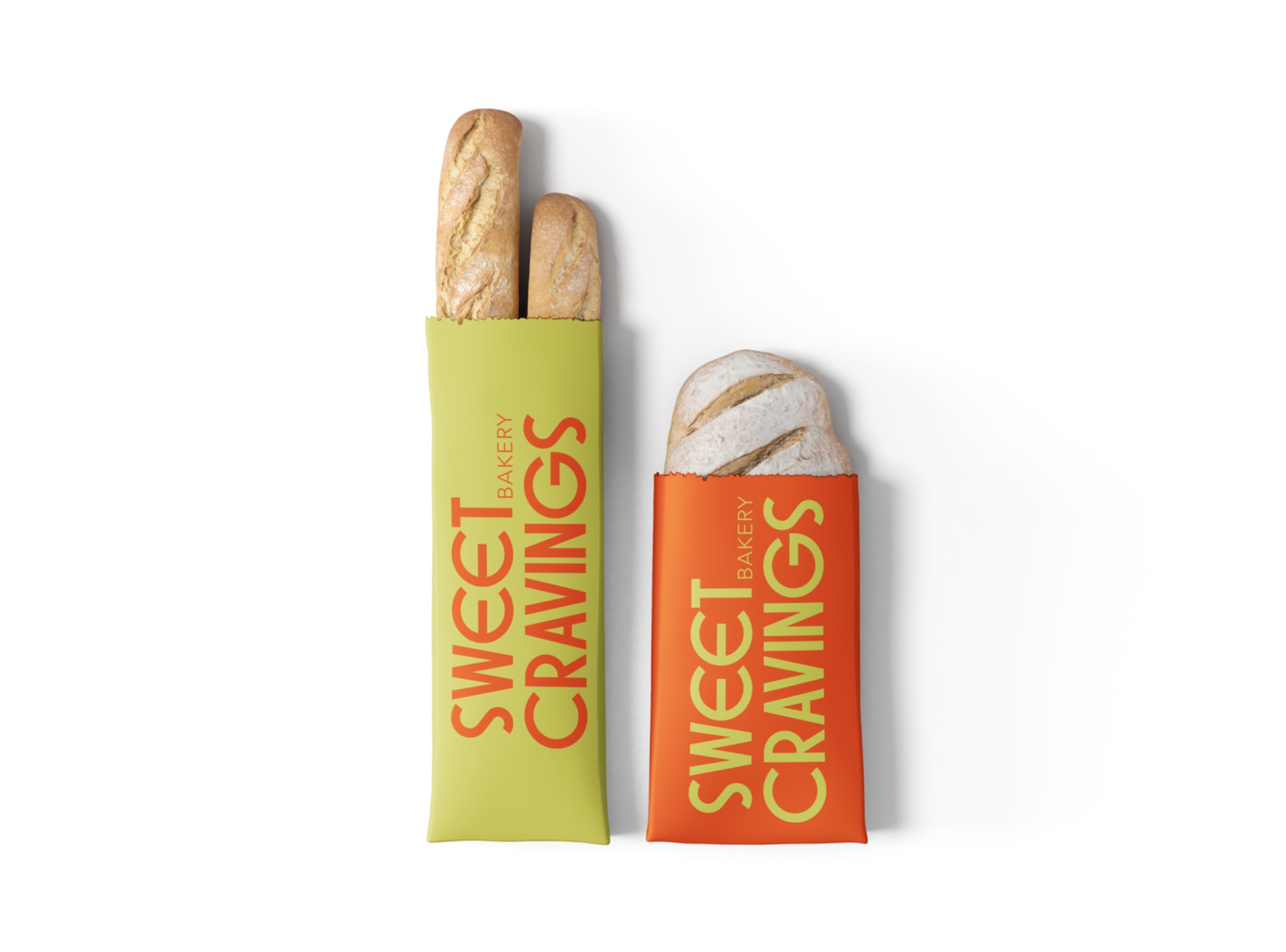 Dwie papierowe torby z pieczywem, jedna zielona z dwiema bagietkami, druga pomarańczowa z okrągłym chlebem, obie z nadrukowanym logo 'Sweet Cravings Bakery' w kontrastujących kolorach.