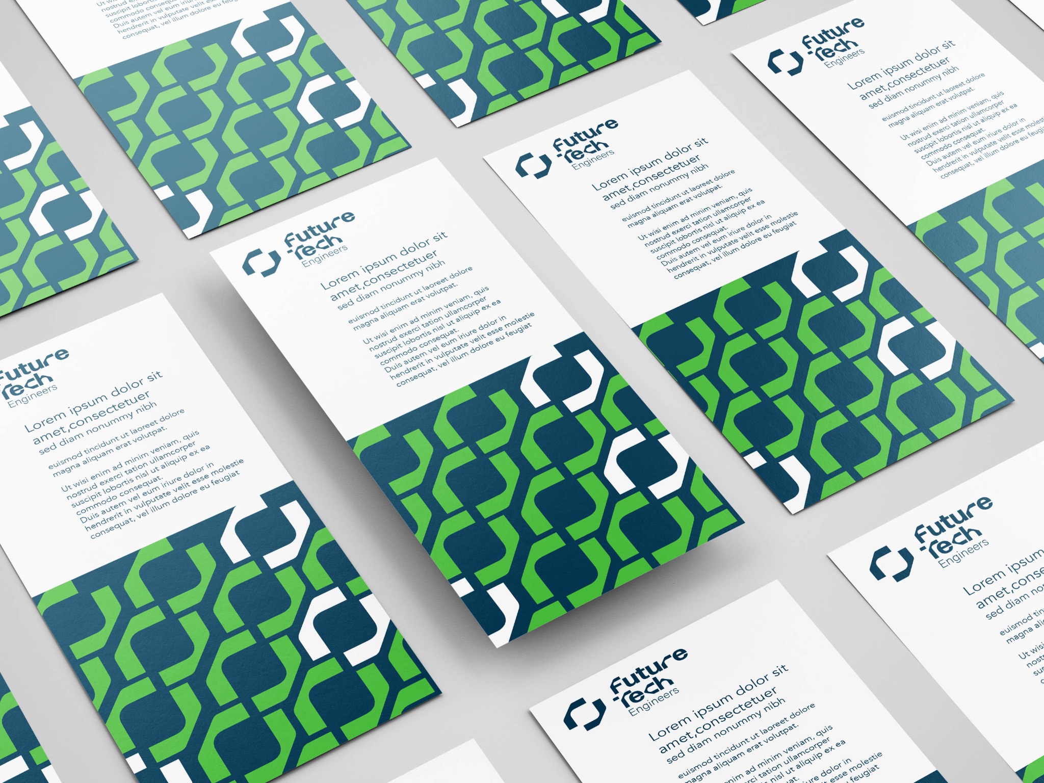 Układ wizytówek firmy Future Tech Engineers z logo i tekstem Lorem Ipsum na białym tle z geometrycznym wzorem w kolorach zieleni i granatu.