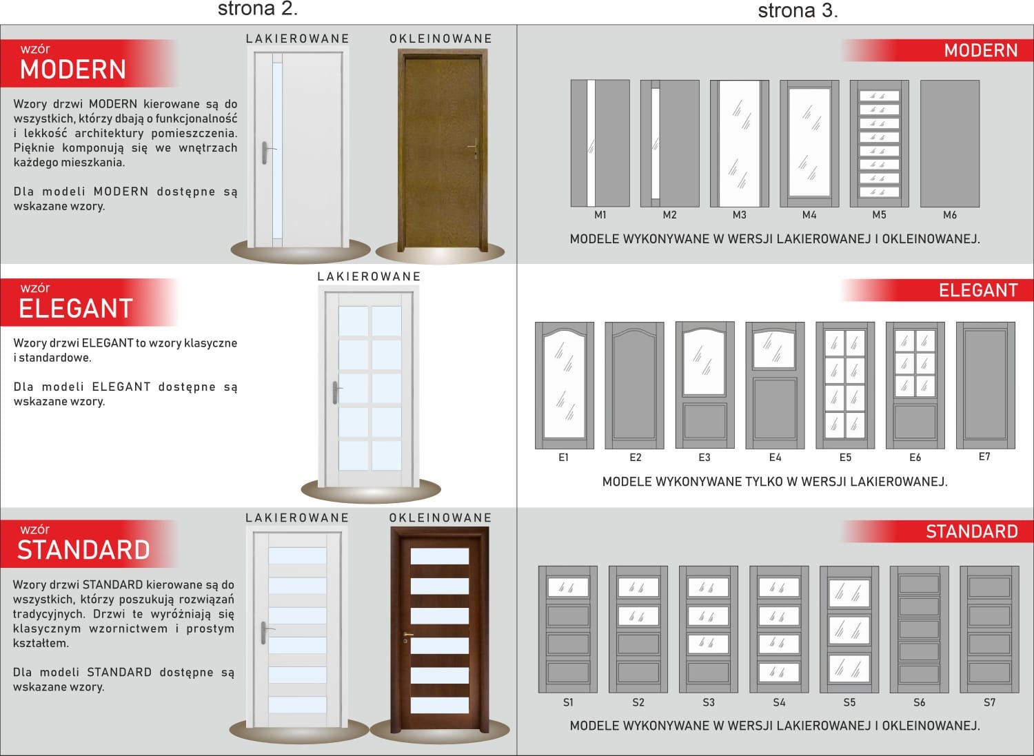 Katalog modeli drzwi wewnętrznych i zewnętrznych w wariantach lakierowanych i okleinowanych, prezentujący wzory Modern, Elegant i Standard.