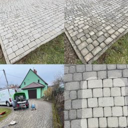 Fitter Tomasz Klupa - Czyszczenie kostki brukowej: porównanie stanu przed i po, widoczna różnica w kolorze i czystości, w tle dom z garażem i sprzęt do czyszczenia.