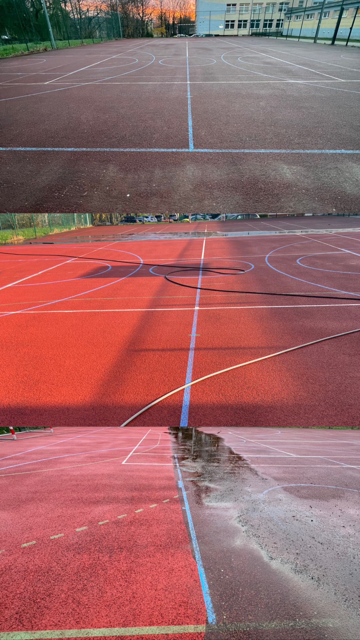 Trójdzielne ujęcie czyszczonej nawierzchni boiska sportowego z czerwonej gumy: od suchej i brudnej, przez mokrą z wężem, po czystą i mokrą, z widocznymi liniami boiska i budynkiem w tle.