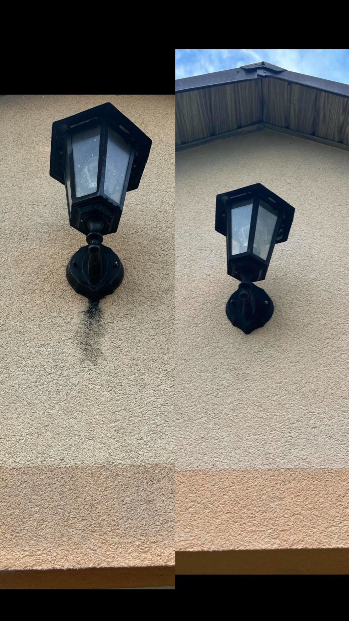 Porównanie elewacji przed i po czyszczeniu: zabrudzona lampa ścienna po lewej, czysta lampa po prawej, widoczna różnica w kolorze elewacji.