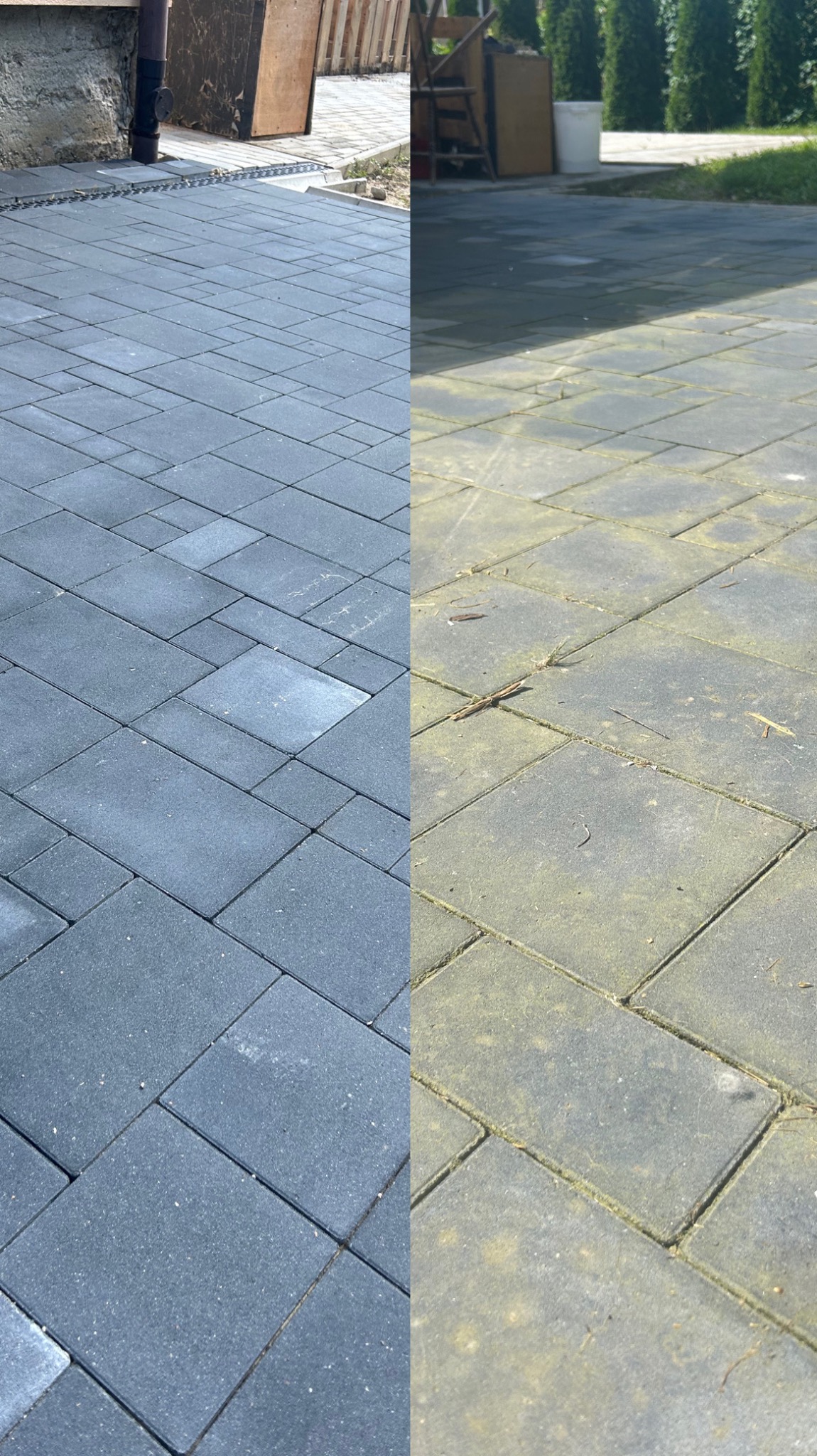 Porównanie kostki brukowej przed i po myciu: po lewej stronie czysta, ciemnoszara kostka, po prawej zabrudzona, zielonkawa kostka z mchem i liśćmi.