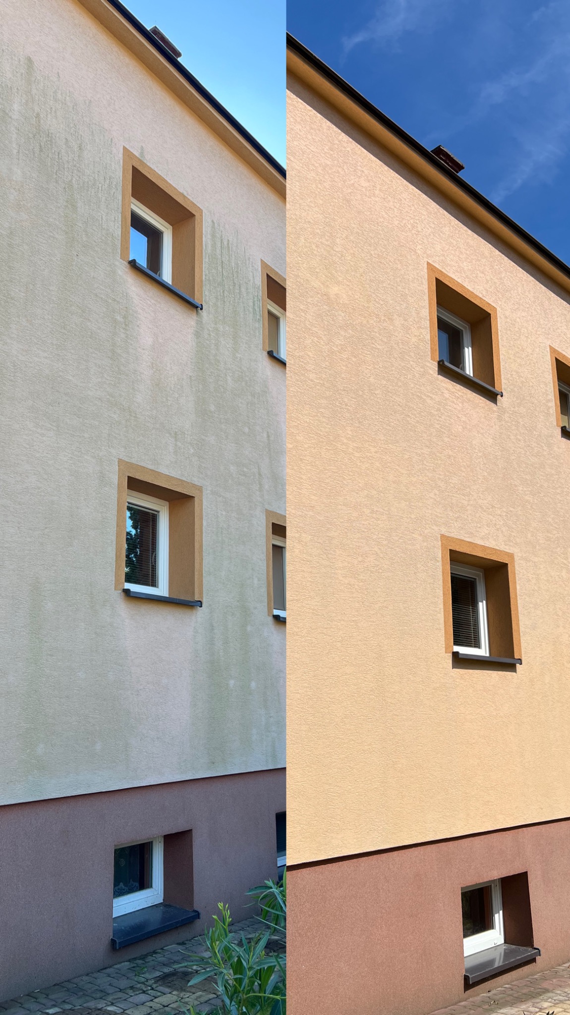 Porównanie elewacji budynku przed i po czyszczeniu, widoczne różnice w kolorze i usunięciu zabrudzeń.