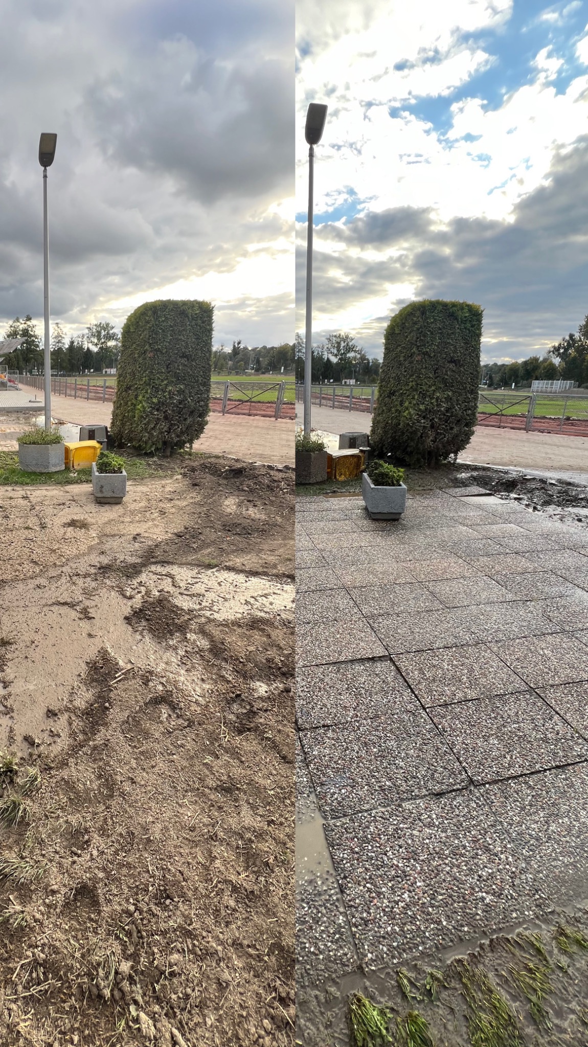 Porównanie stanu kostki brukowej przed i po czyszczeniu, z widoczną różnicą w zabrudzeniach i kolorze, na tle trawnika i drzew.