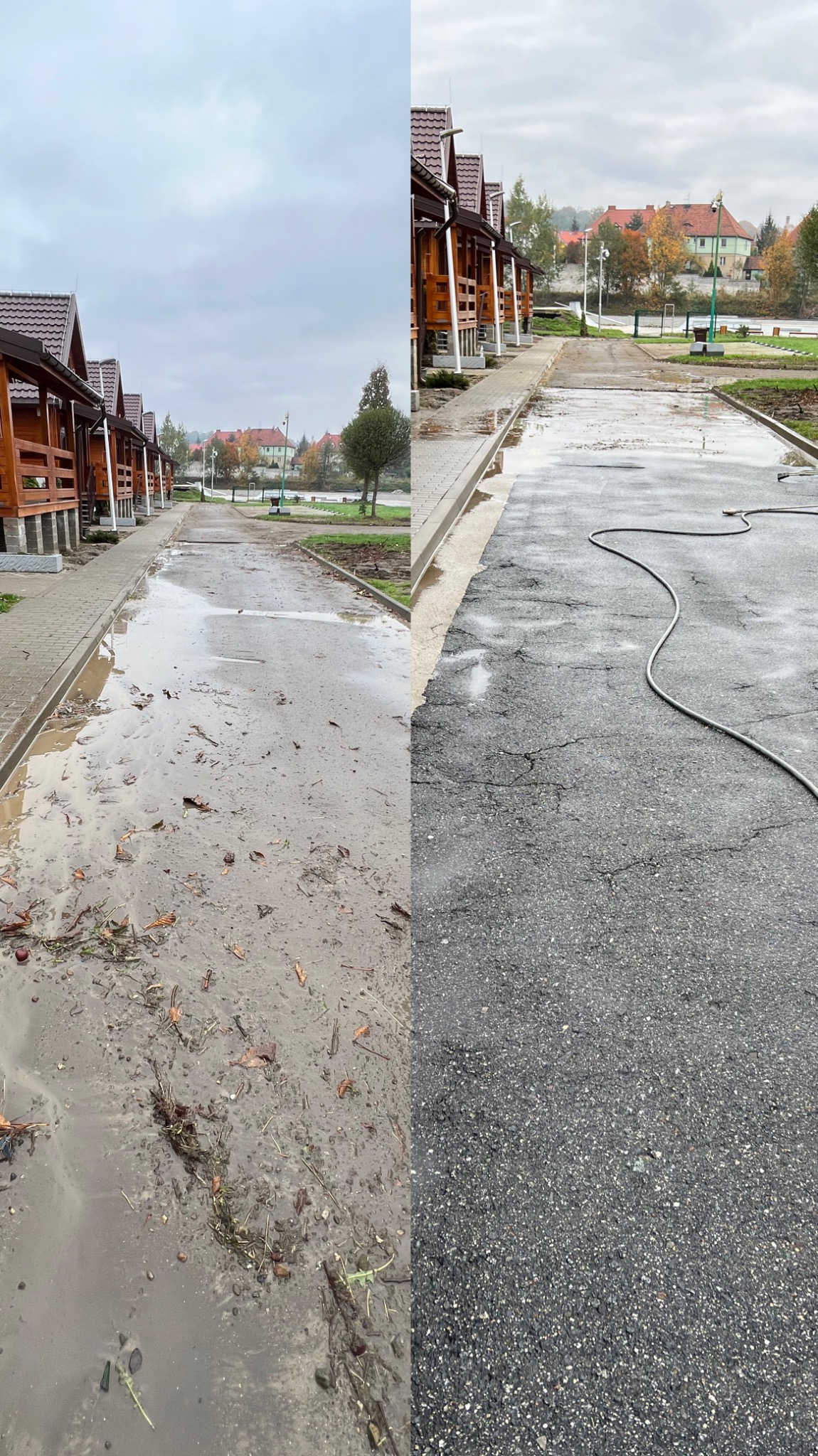 Porównanie stanu kostki brukowej przed i po czyszczeniu: po lewej stronie brudna, pokryta błotem i liśćmi, po prawej czysta, mokra nawierzchnia z widocznym wężem ciśnieniowym.