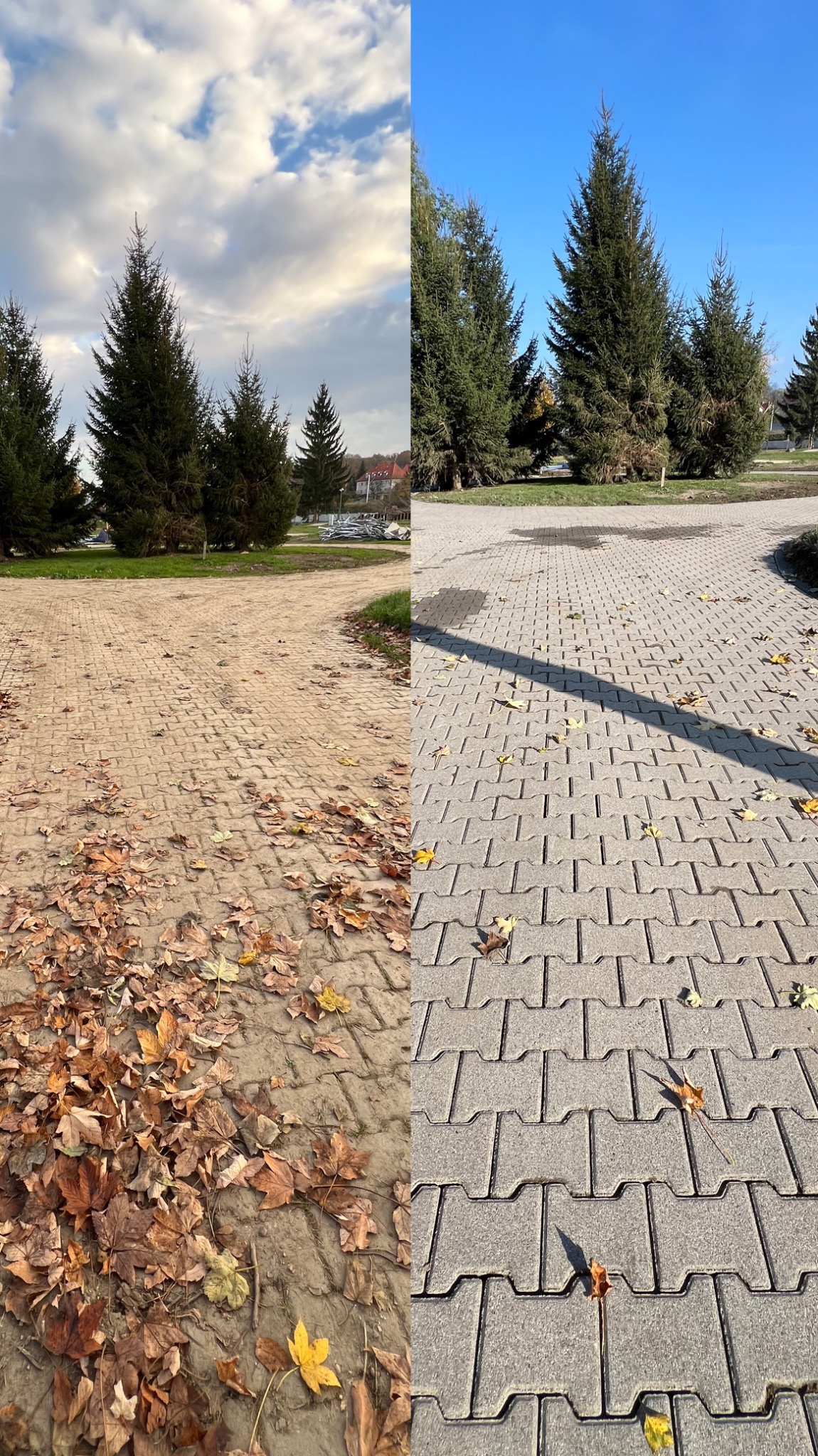 Porównanie: kostka brukowa przed i po czyszczeniu, widoczne różnice w kolorze i czystości, liście na powierzchni.