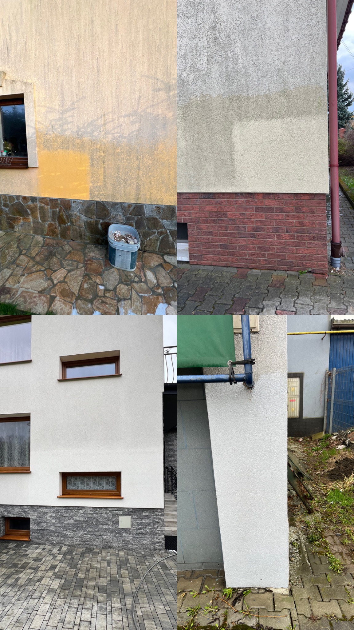 Fragmenty elewacji budynków przed i po czyszczeniu, ukazujące różnicę w kolorze i stopniu zabrudzenia, z widocznymi elementami otoczenia, takimi jak okna, kostka brukowa i roślinność.
