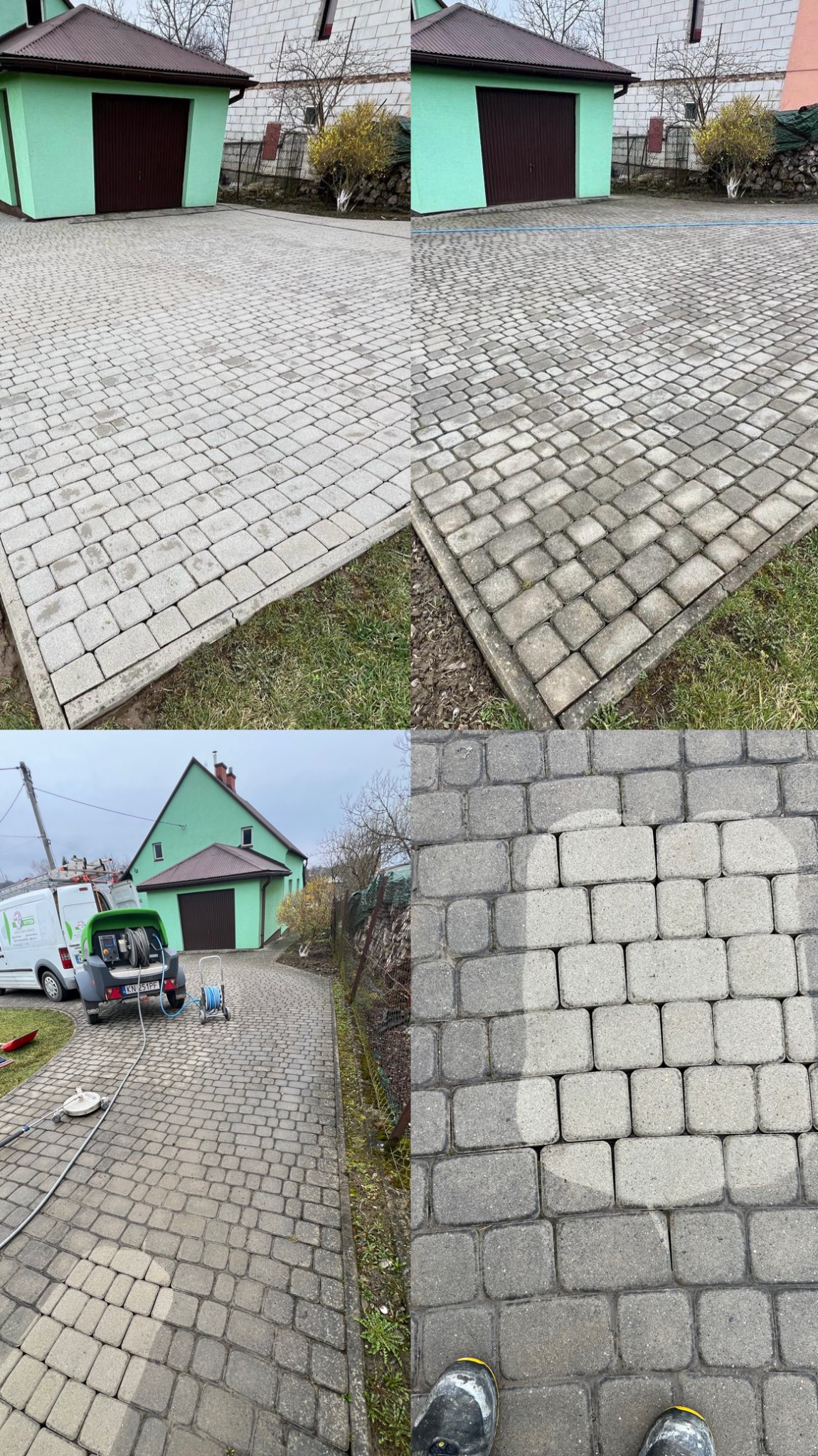 Czyszczenie kostki brukowej: porównanie stanu przed i po, widoczna różnica w kolorze i czystości, w tle dom z garażem i sprzęt do czyszczenia.