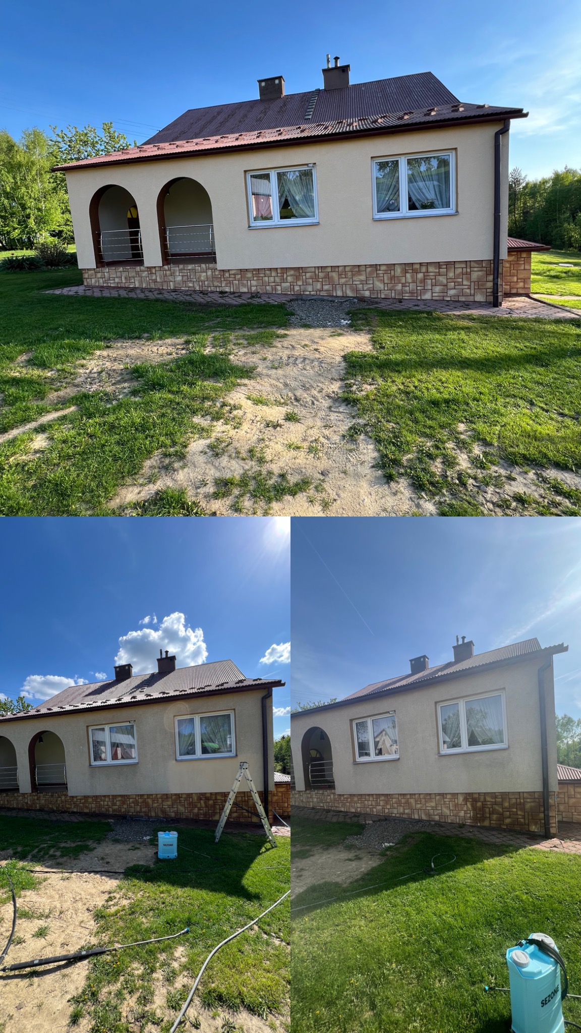 Zdjęcie typu 'przed i po' przedstawia jasny dom z brązowym dachem i elementami dekoracyjnymi z kamienia. Widoczny sprzęt do czyszczenia i różnica w wyglądzie elewacji.