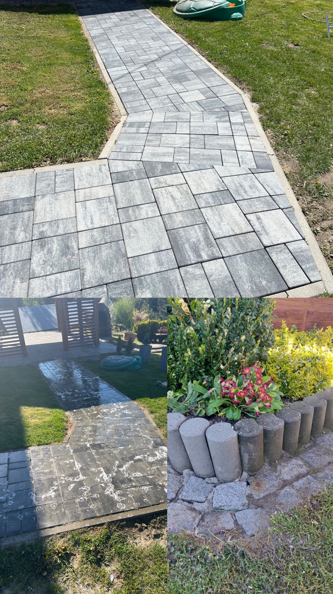 Kompozycja trzech ujęć: wyczyszczona kostka brukowa, kostka w trakcie mycia z pianą oraz rabata z kwiatami i obrzeżem z betonowych palików.