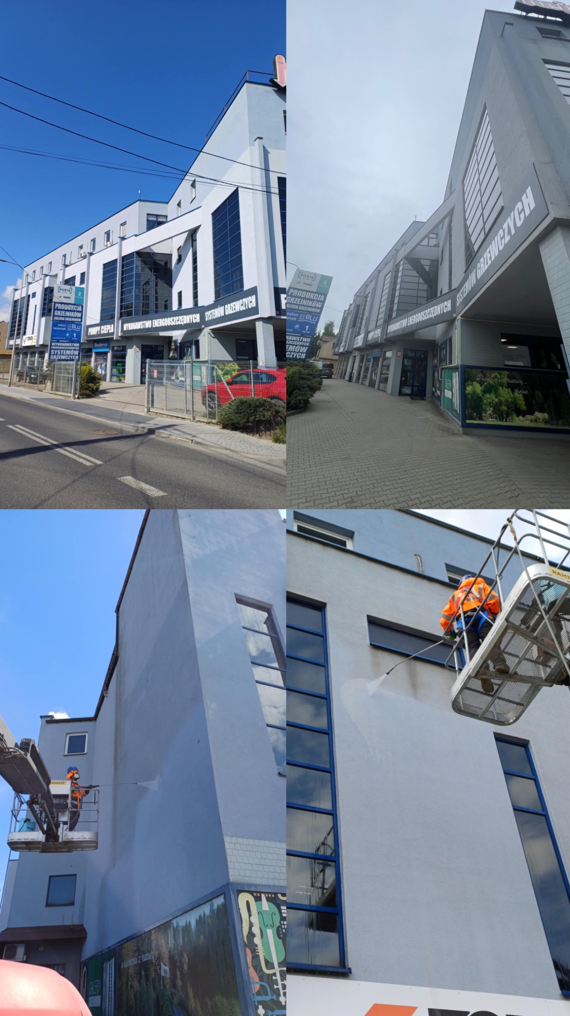 Czyszczenie elewacji biurowca z podnośnika koszowego. Widoczne fragmenty budynku przed i w trakcie. Woda pod ciśnieniem usuwa zabrudzenia z jasnej fasady.