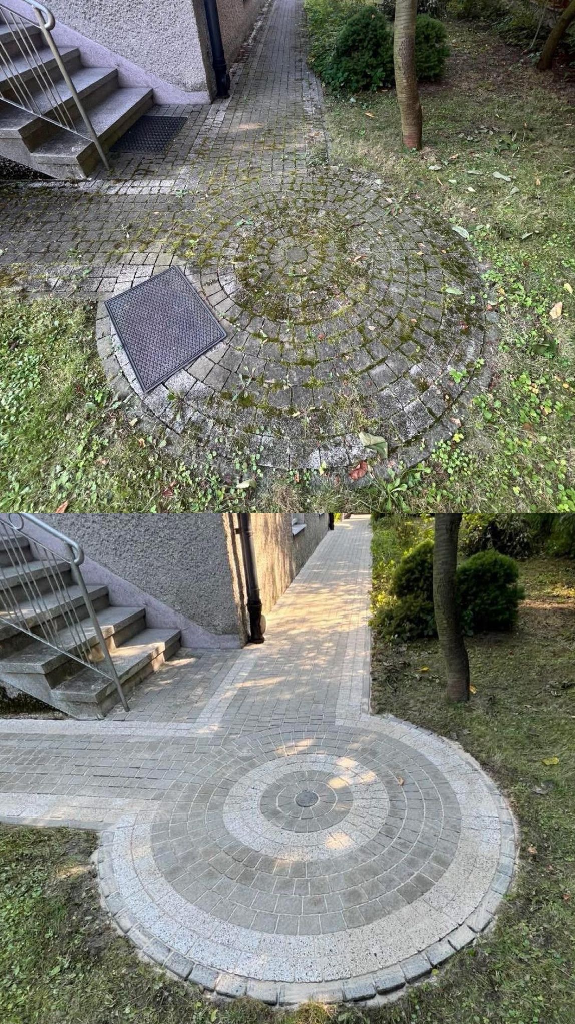 Kostka brukowa przed i po czyszczeniu: fragment chodnika z okrągłym wzorem, widoczne schody i trawnik. Porównanie stanu zabrudzonego mchem i czystego.
