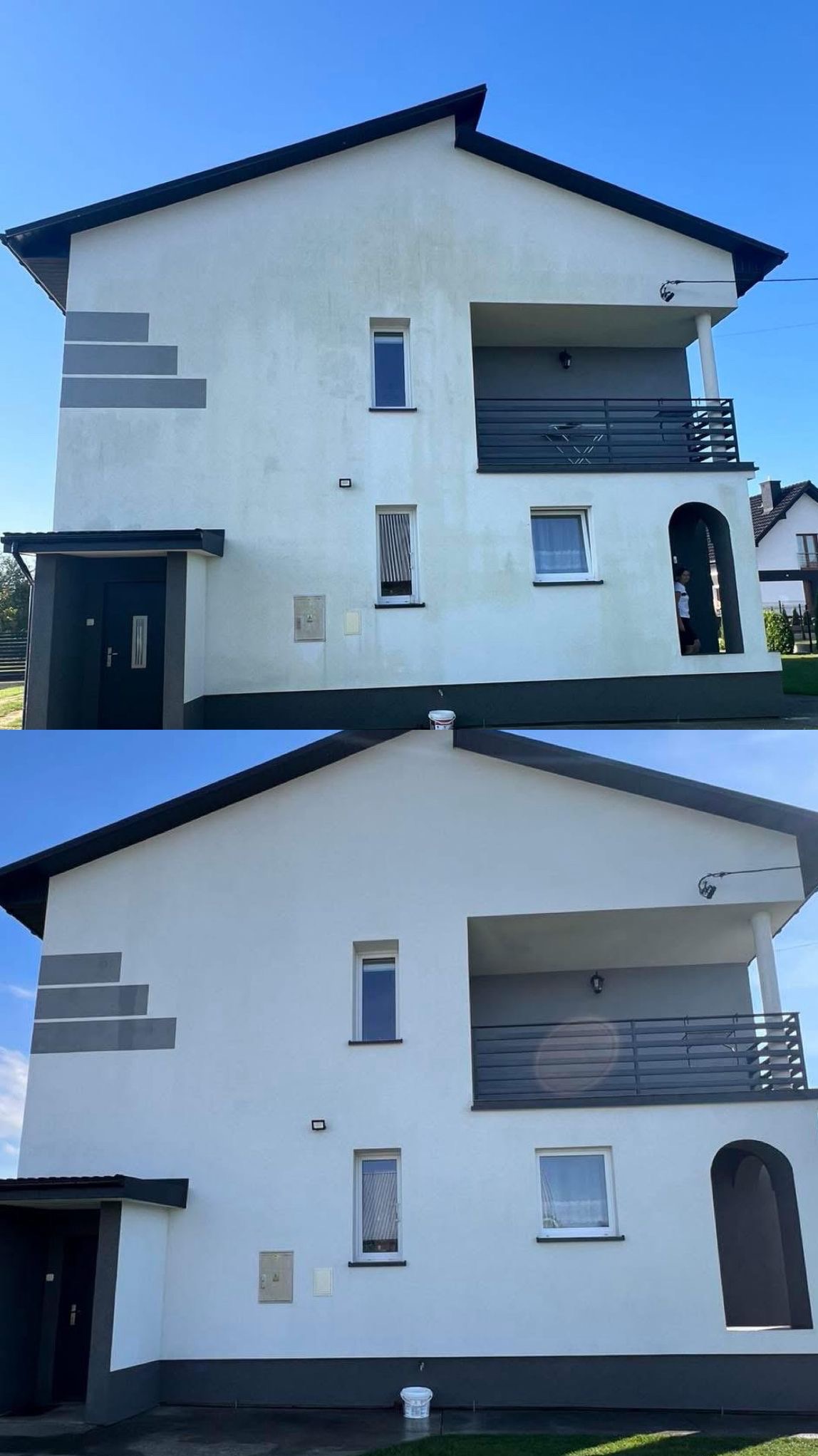 Zdjęcie elewacji domu przed i po myciu, ukazujące różnicę w czystości. Górna część brudna, dolna czysta, widoczny kubeł po środku czyszczącym.