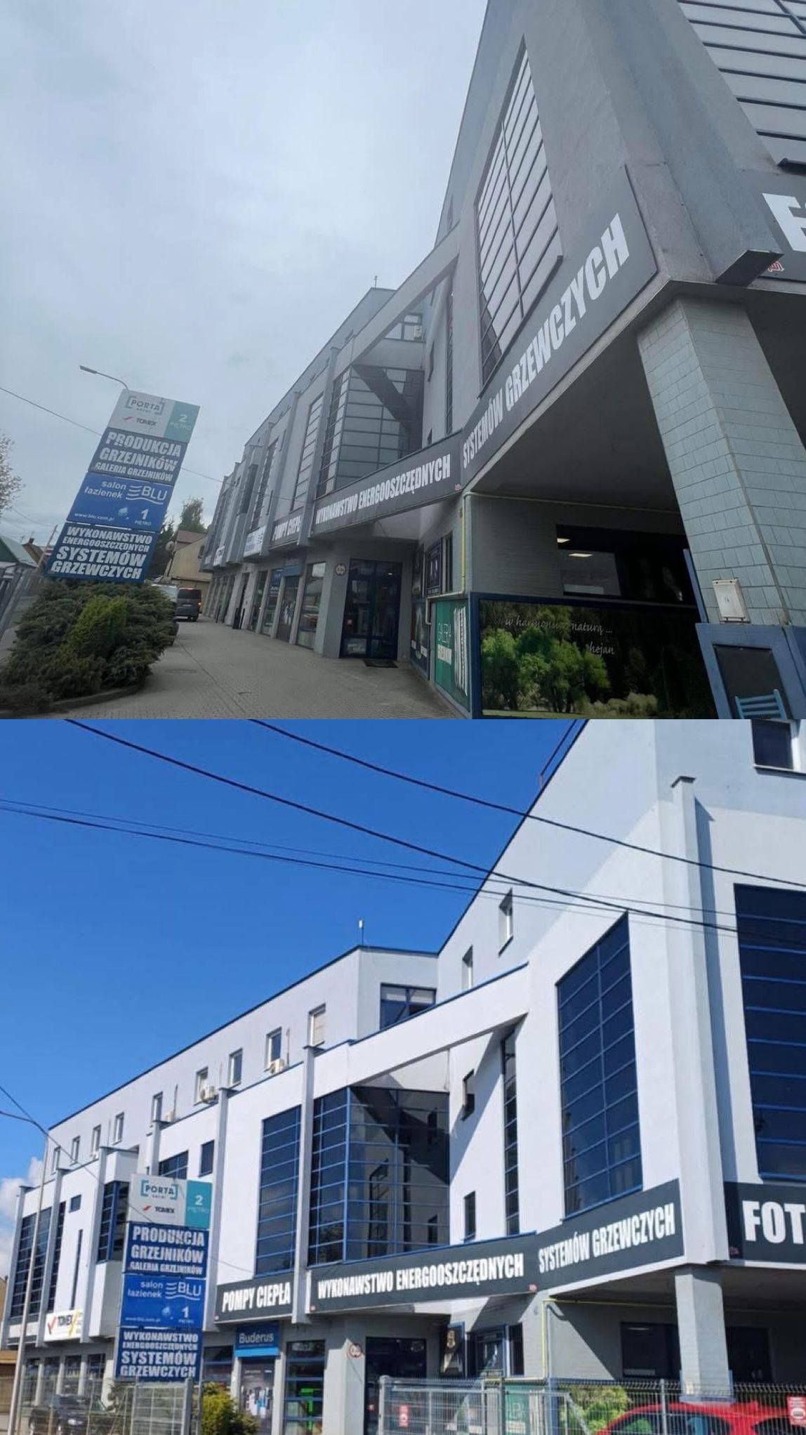 Budynek usługowy z dużymi oknami i banerami reklamowymi systemów grzewczych. Widoczny szyld 'Produkcja grzejników' i hasło 'Wykonawstwo energooszczędnych systemów grzewczych'.