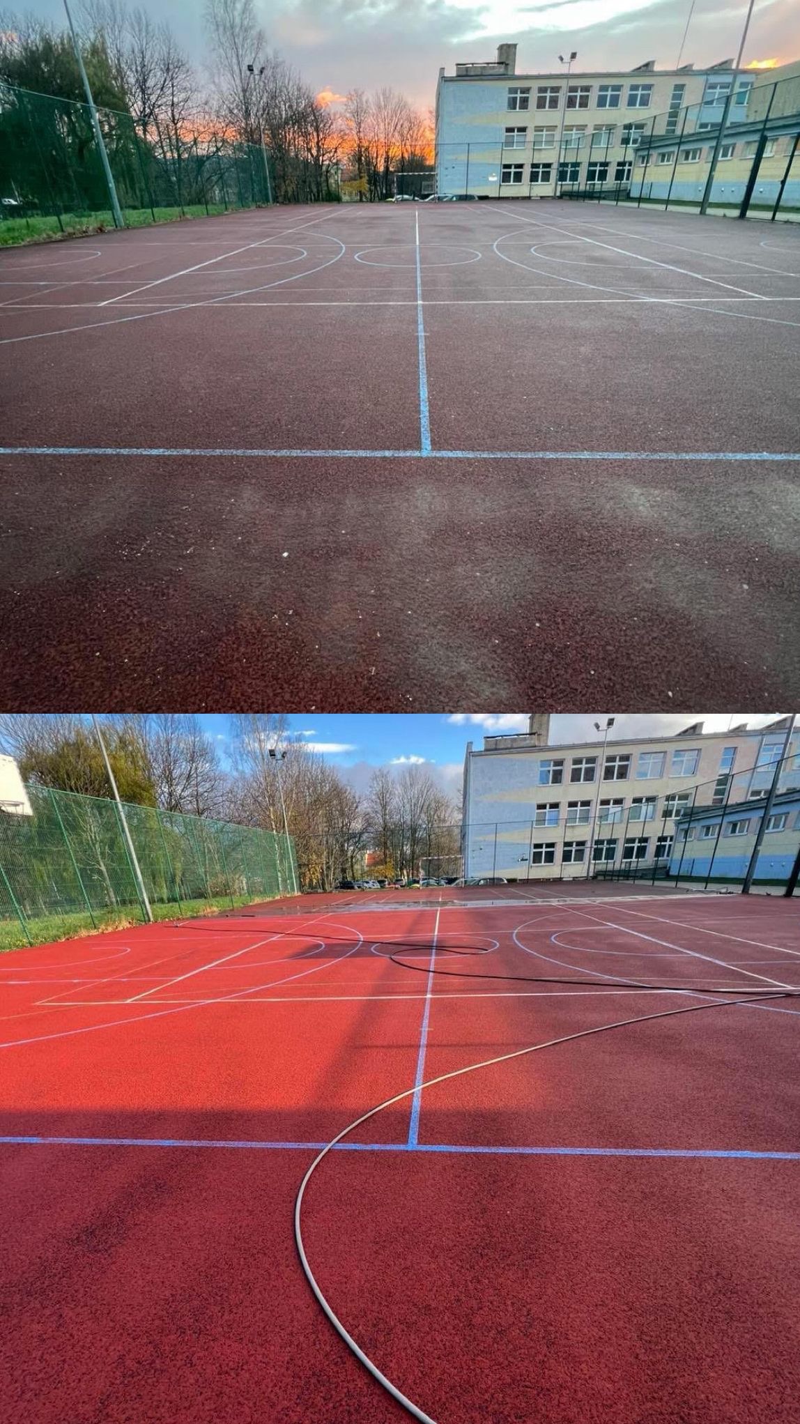 Zdjęcie 'przed i po' czyszczenia czerwonej nawierzchni boiska sportowego z niebieskimi liniami, z budynkiem w tle. W dolnej części kadru wąż do mycia.