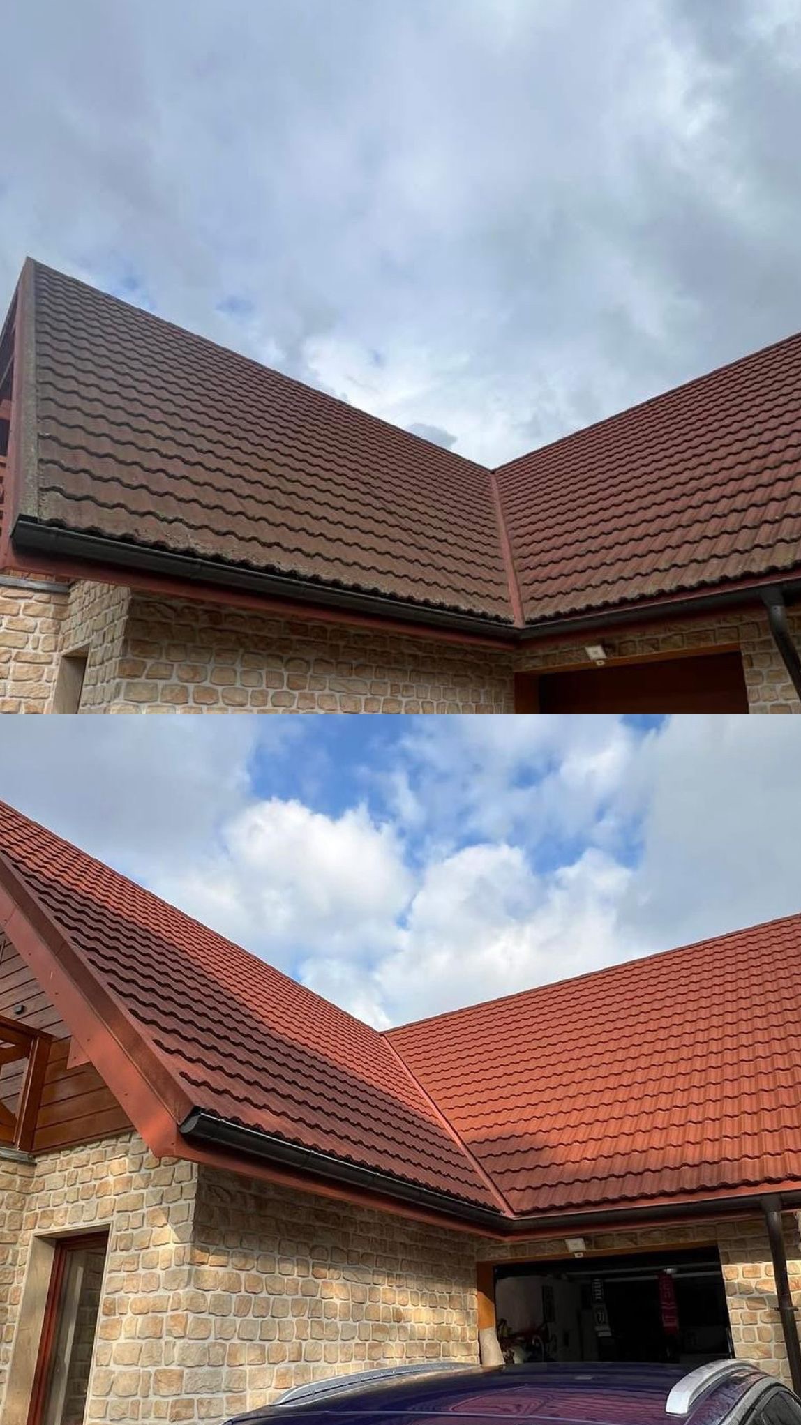 Zdjęcie dachu przed i po czyszczeniu, ukazujące różnicę w kolorze i czystości. Widoczna ceglana elewacja budynku i fragment nieba z chmurami.