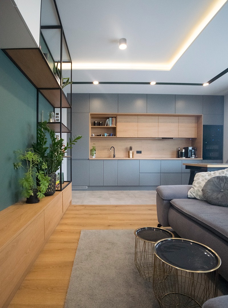 Nowoczesna kuchnia z szarymi frontami i drewnianymi akcentami, zintegrowana z salonem, widoczne rośliny doniczkowe, stoliki kawowe i fragment sofy