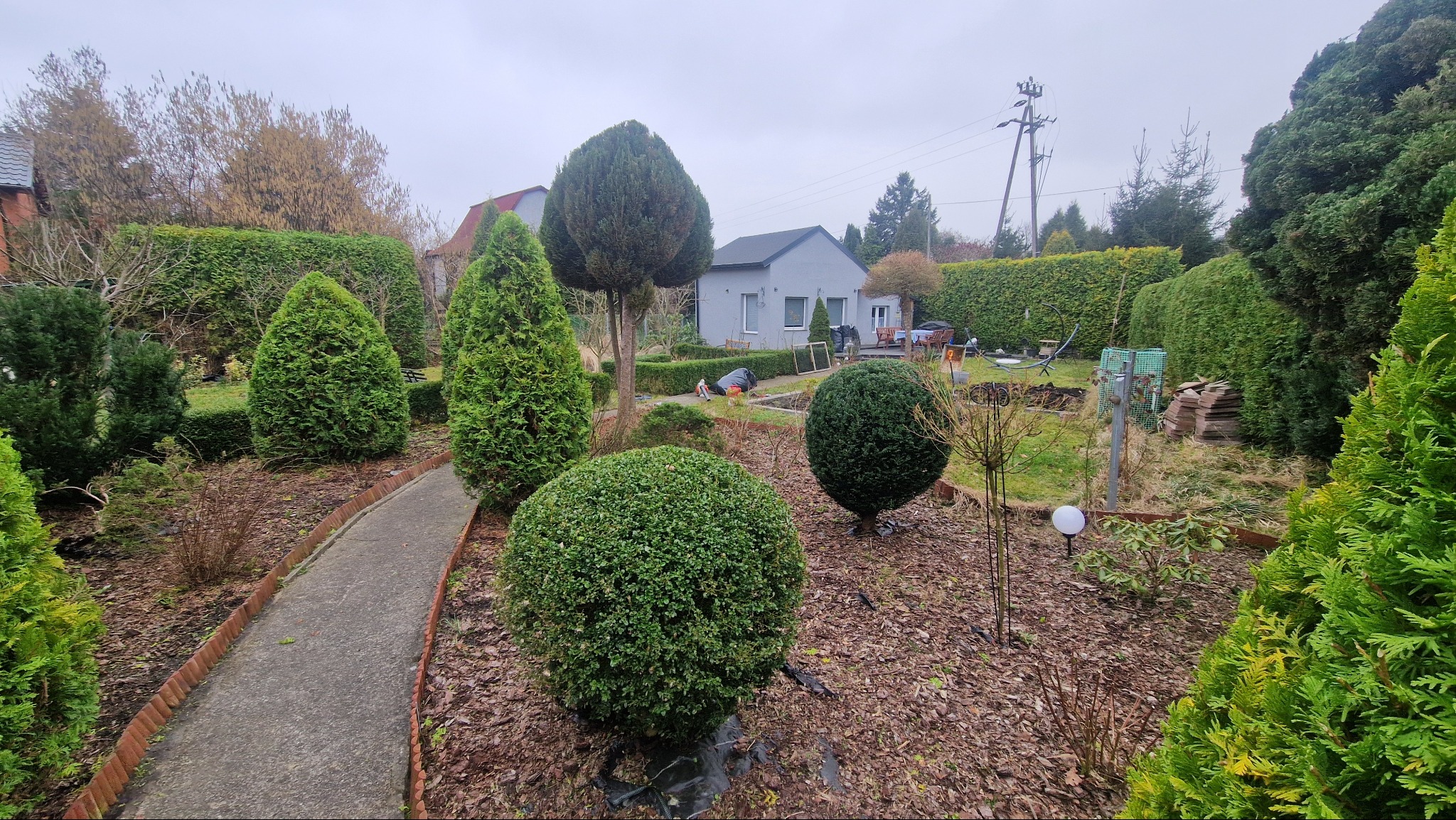 Formowane krzewy i drzewa iglaste w ogrodzie, widoczni pracownicy w trakcie wykonywania prac pielęgnacyjnych, ścieżka z obrzeżem z cegieł.