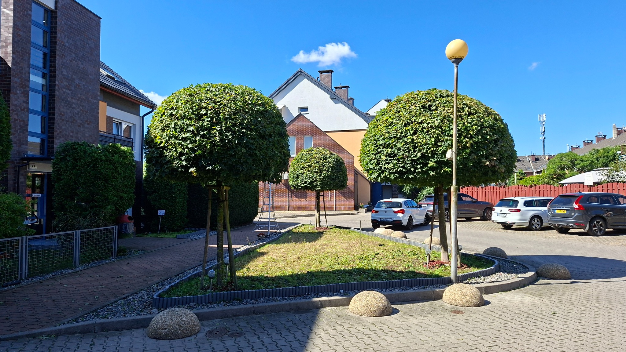 Formowane korony drzew kulistych na trawniku przed budynkiem mieszkalnym, kostka brukowa, lampa uliczna, zaparkowane samochody w tle.