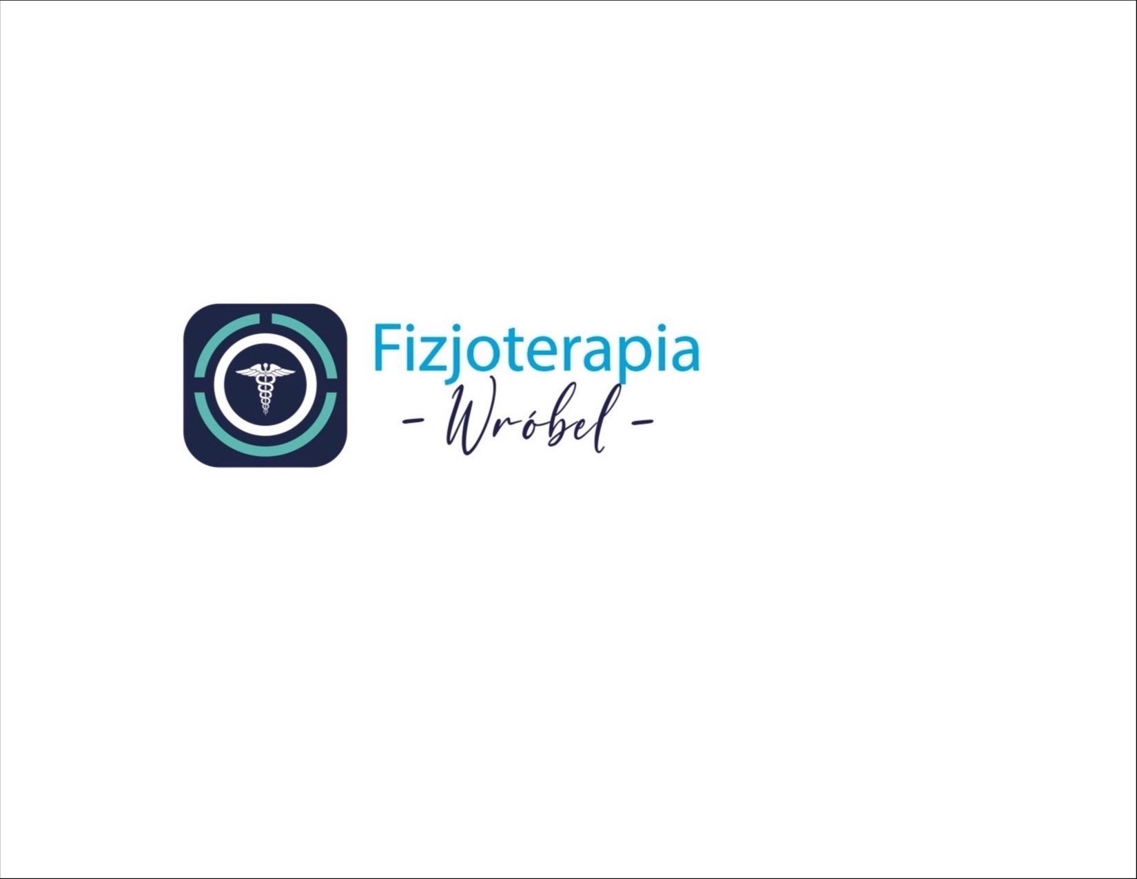 Logo firmy z symbolem Eskulapa w ikonie aplikacji i napisem 'Fizjoterapia - Wróbel -' w kolorze błękitnym na białym tle.