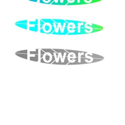 Paul May - Trzy abstrakcyjne logotypy z gradientem kolorów i napisem 'Flowers' na białym tle. Górny logotyp w odcieniach zieleni i błękitu, środkowy w odcieniach błękitu, dolny w odcieniach szarości.