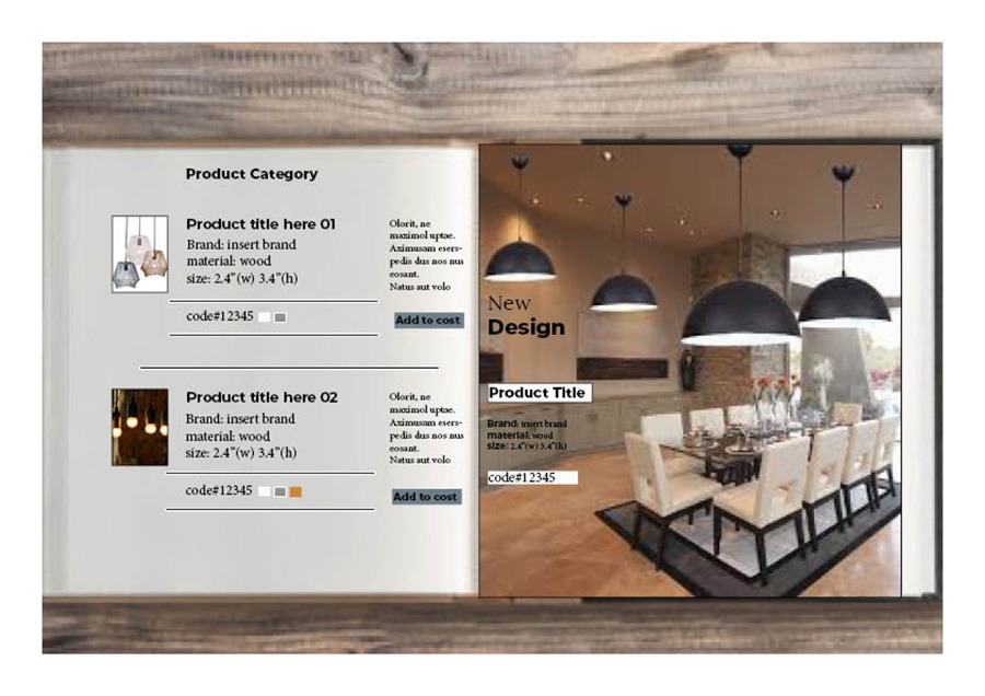 Katalog z prezentacją drewnianych lamp wiszących nad stołem w jadalni, strona po lewej zawiera specyfikację produktów.