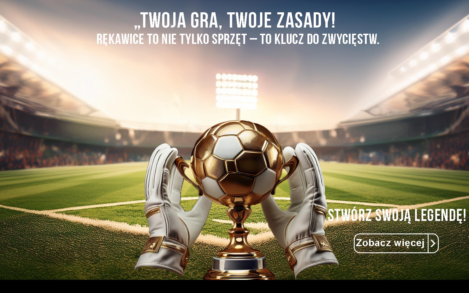 Złoty puchar w kształcie piłki nożnej trzymany w białych rękawicach na tle stadionu piłkarskiego, z hasłem 'Twoja gra, Twoje zasady!'