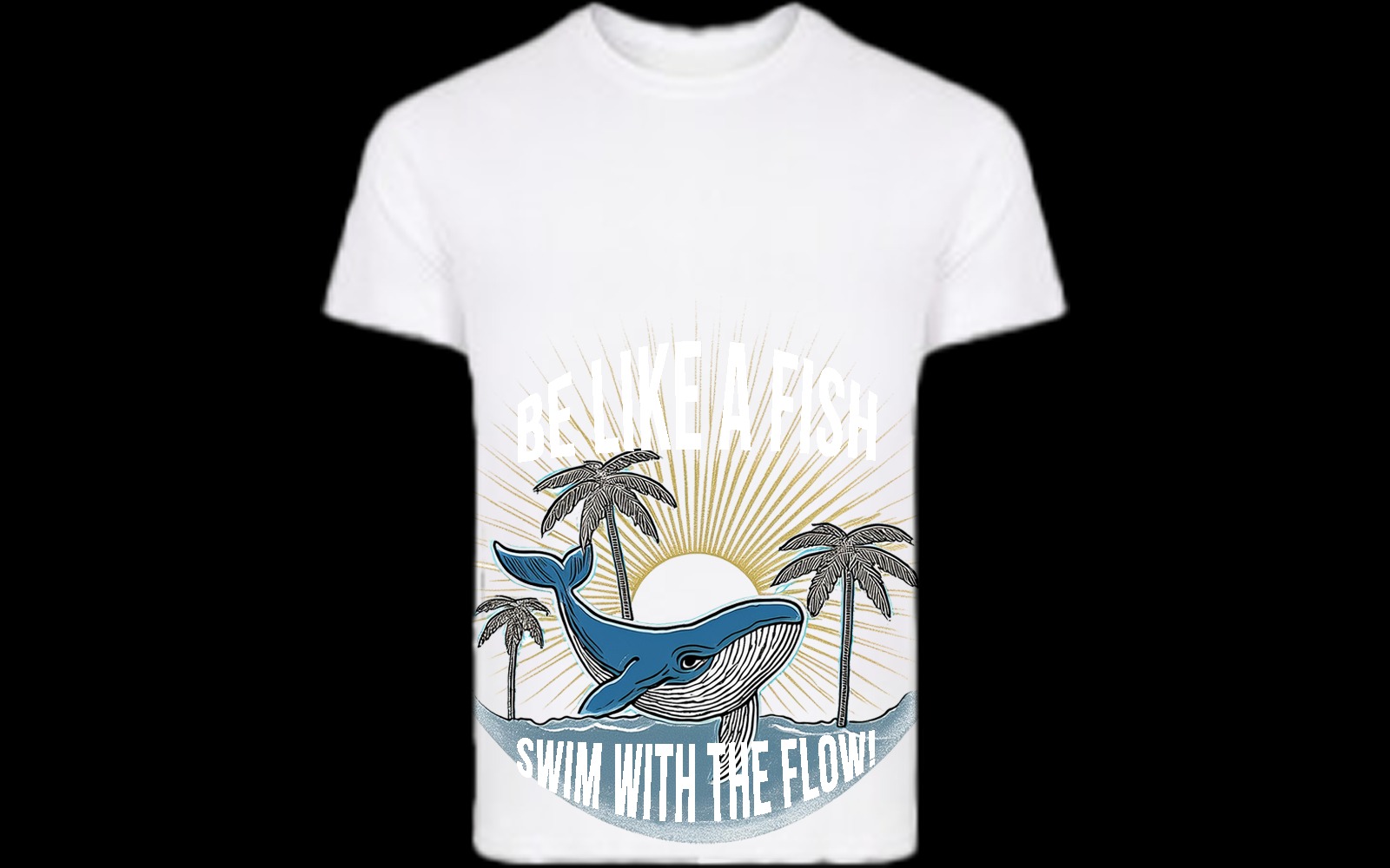 Biała koszulka z nadrukiem: błękitny wieloryb między palmami, napis 'Be like a fish, swim with the flow!', promienie słońca w tle.